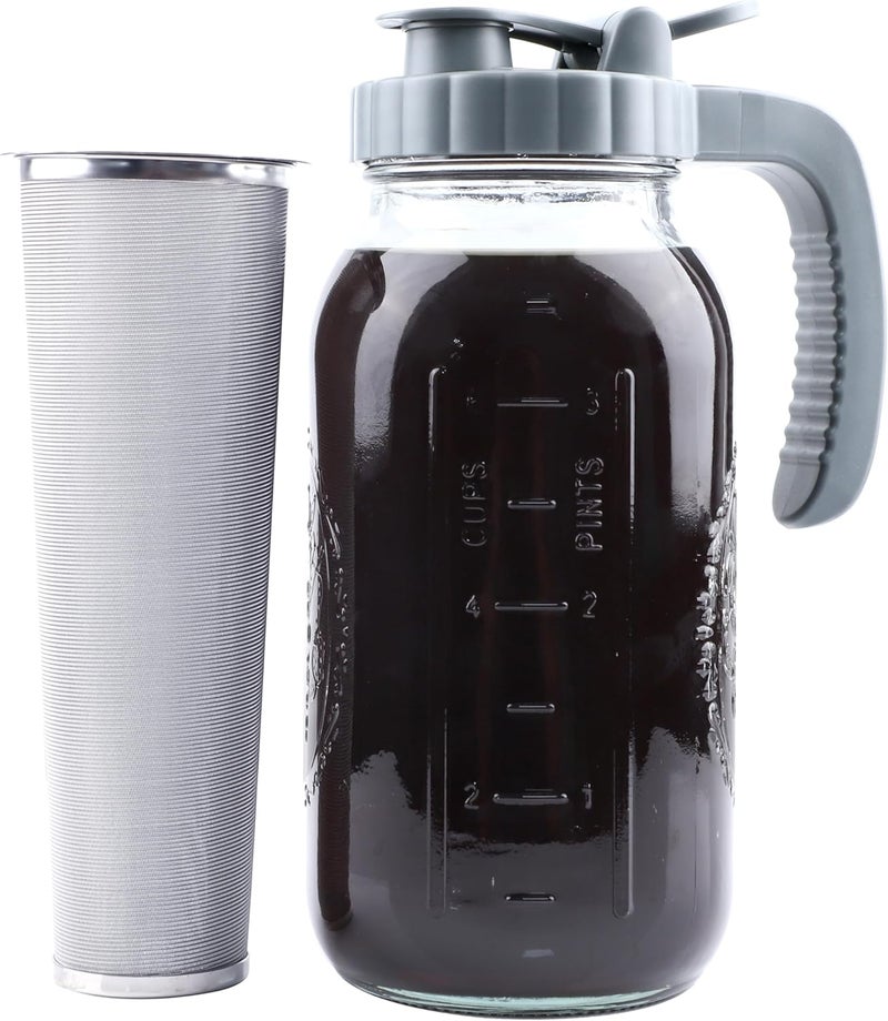 MBSRITY Cold Brew Coffee Maker 64 OZ Mason Jar Cold Brew Pitcher With Infuser 2 Quart Wide Mouth Iced Coffee Maker With Pour Spout Lid And Handle Half Gallon Airtight & Leakproof Pitcher For Fridge - Image 1